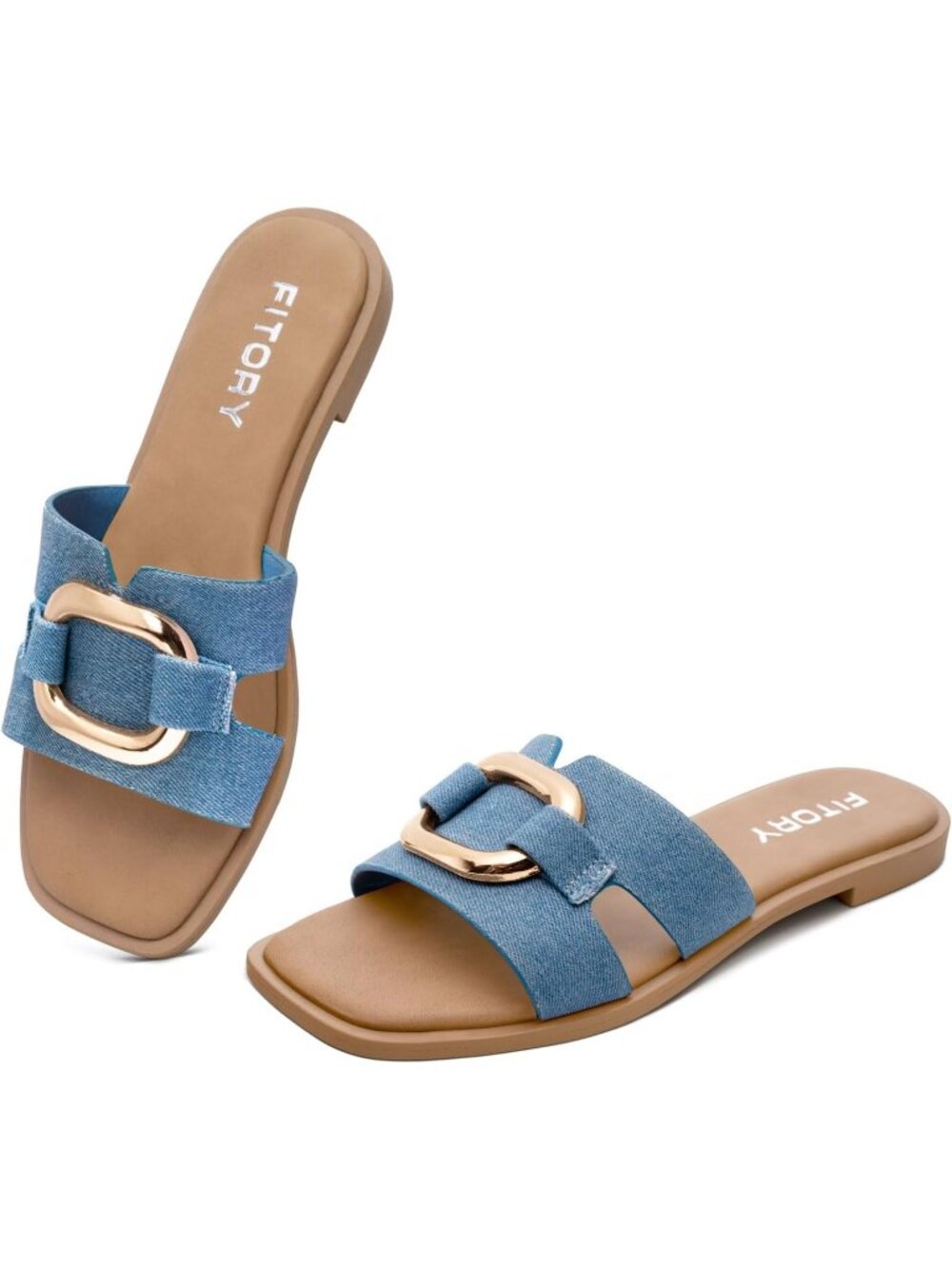 🆕Women's Blue Slide Sandals Flat Fashion Square Open Toe Cushion Slippers